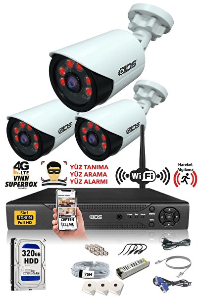 IDS 3 Kameralı 5 MP Lensli 1080p Full HD Gece Görüşlü Su Geçirmez Cepten İzle Kamera Seti DS-2020HD-SET3