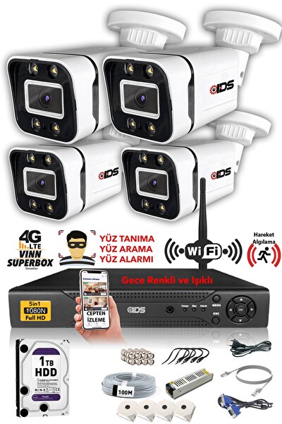 IDS 4 Kameralı 5 MP Sony Lensli 1080p Full HD Su Geçirmez Cepten İzle Gece Renkli Full Kamera Seti DS-2031HD-WL-SET4-1TB