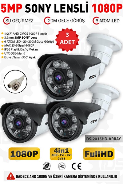 IDS 3 Kameralı 5 MP Lensli 1080p Full HD AHD Gece Görüşlü Su Geçirmez Güvenlik Kamerası DS-2015HD-ARRAY-3