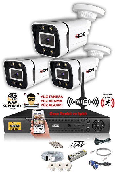 IDS 3 Kameralı 5 MP Sony Lensli 1080p Full HD Su Geçirmez Cepten İzle Gece Renkli Full Kamera Seti DS-2031HD-WL-SET3-NOHDD