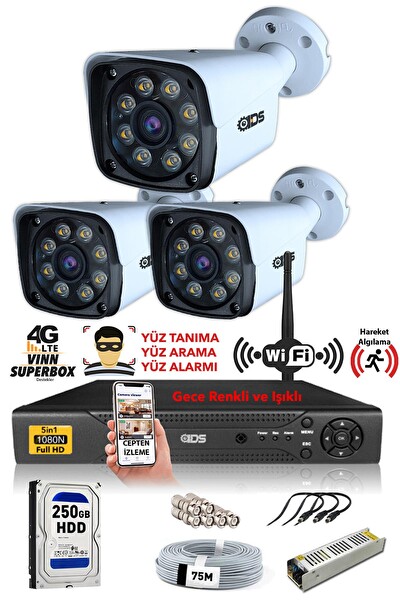 IDS 3 Kameralı 5 MP Sony Lensli 1080p Full HD Su Geçirmez Cepten İzle Gece Renkli Full Kamera Seti DS-2034HD-WL-SET3-250-X