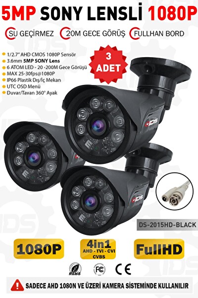 IDS 3 Kameralı 5 MP Lensli 1080p Full HD AHD Gece Görüşlü Su Geçirmez Güvenlik Kamerası DS-2015HD-BLACK-3