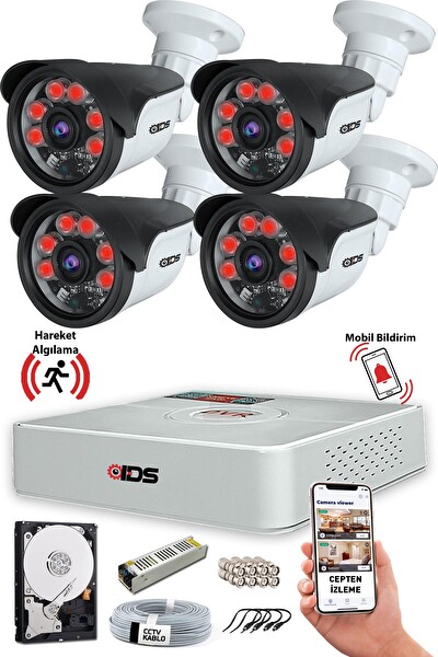 IDS 4 Kameralı 5MP Sony Lensli Gece Görüşlü Cepten İzleme Su Geçirmez A2055 Güvenlik Kamerası Seti