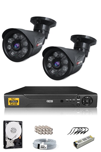 IDS 2 Kameralı Cepten İzle 250 Dış 5mp Sony Lensli 1080p Full HD Güvenlik Kamerası Sistemi DS-2015HD-SET2-250-BLACK
