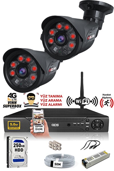 IDS 2 Kameralı Cepten İzle 250 Dış 5mp Sony Lensli 1080p Full HD Güvenlik Kamerası Sistemi DS-2015HD-SET2-250-BLACK