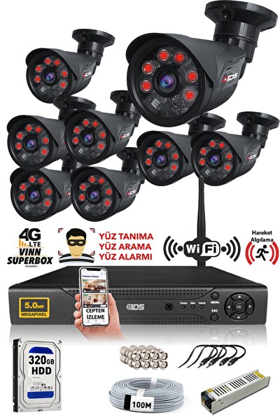 IDS 8 Kameralı Cepten İzle 5mp Sony Lensli Full HD Gece Görüşlü Güvenlik Kamerası Sistemi DS-2015HD-SET8-320-BLACK