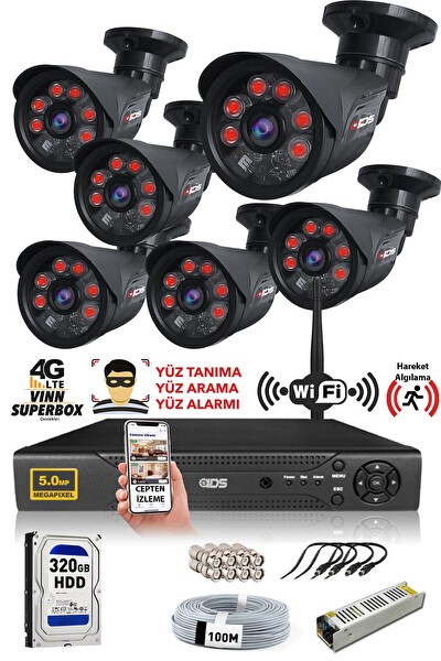 IDS 6 Kameralı Cepten İzle 5mp Sony Lensli Full HD Gece Görüşlü Güvenlik Kamerası Sistemi DS-2015HD-SET6-320-BLACK