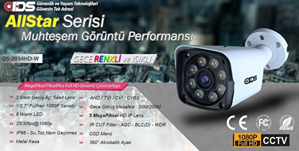 IDS 6 Kameralı 5MP Sony Lensli 1080P Full HD Gece Renkli̇ Su Geçi̇rmez Cepten İzle Full Kamera Seti DS-2034HD-WL-SET6-320