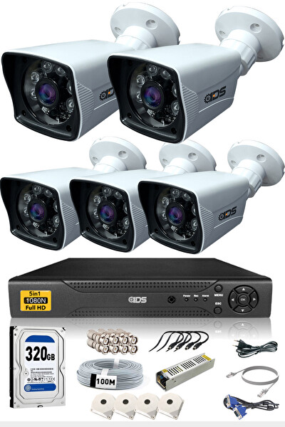 IDS 5 Kameralı 5MP Lensli̇ 1080p FullHD Gece Görüşlü Su Geçirmez Cepten İzle Kamera Seti DS-2021HD-SET5