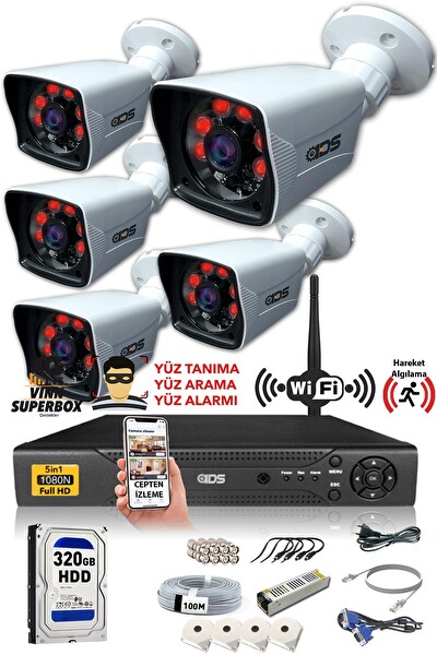 IDS 5 Kameralı 5MP Lensli̇ 1080p FullHD Gece Görüşlü Su Geçirmez Cepten İzle Kamera Seti DS-2021HD-SET5