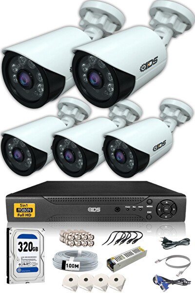 IDS 5 Kameralı 5MP Lensli 1080P FullHD Gece Görüşlü Su Geçirmez Cepten İzle Kamera Seti DS-2020HD-SET5