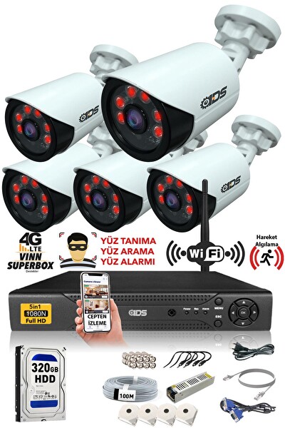 IDS 5 Kameralı 5MP Lensli 1080P FullHD Gece Görüşlü Su Geçirmez Cepten İzle Kamera Seti DS-2020HD-SET5