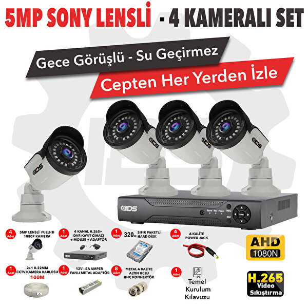 IDS 4 Kameralı 5MP Sony Lensli FullHD Su Geçirmez Gece Görüşlü Güvenlik Kamerası Sistemi DS-2015HD-SET4-320
