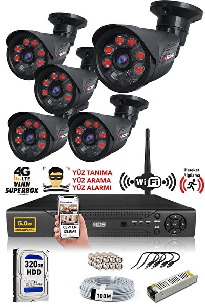 IDS 5 Kameralı 5MP Sony Lensli Full HD Gece Görüşlü Cepten İzle Güvenlik Kamerası Sistemi DS-2015HD-SET5-320-BLACK
