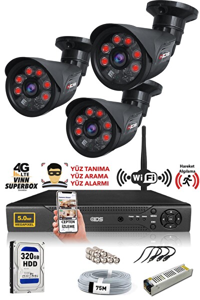 IDS 3 Kameralı 5MP Sony Lensli Full HD Gece Görüşlü Cepten İzle Güvenlik Kamerası Sistemi DS-2015HD-SET3-320-BLACK