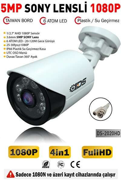 IDS 5MP Sony Lensli 1080P 6 Atom LED Gece Görüşlü Su Geçirmez Plastik Kasa Full HD Güvenlik Kamerası DS-2020HD