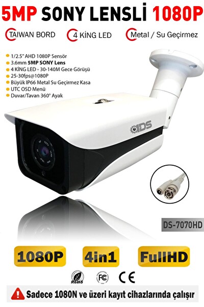 IDS 5MP Sony Lensli 1080P 4 King Led Gece Görüşlü Su Geçirmez Metal Kasa FullHD Güvenlik Kamerası DS-7070HD