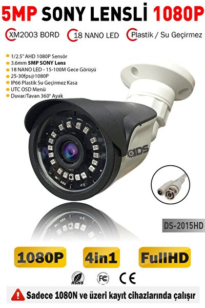 IDS 1 Kameralı 5 MP Sony Lensli 1080p Full HD 18 Nano Led Gece Görüşlü Su Geçirmez Güvenlik Kamerası DS-2015HD-SMT