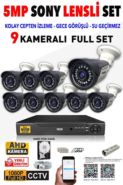 IDS 9 Kameralı 5 MP Sony Lensli Full HD Cepten İzle Gece Görüşlü Güvenlik Kamerası Sistemi DS-2015HDSET9