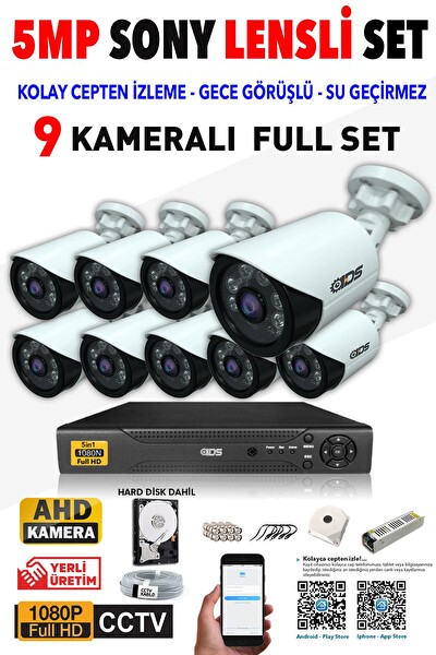 IDS 9 Kameralı 5 MP Lensli 1080p Full HD Gece Görüşlü Su Geçirmez Cepten İzle Kamera Seti DS-2020HD-SET9