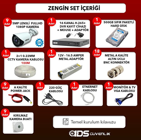 IDS 9 Kameralı 5 MP Lensli 1080p Full HD Gece Görüşlü Su Geçirmez Cepten İzle Kamera Seti DS-2020HD-SET9