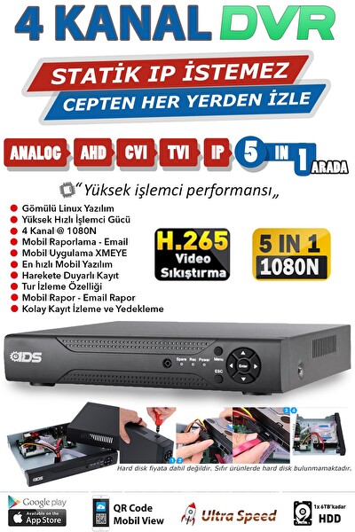 IDS 4 Kanal 1080N Full HD H265 Kolay Cepten İzle Sabit IP İstemez Xmeye Mobil DVR Kayıt Cihazı D-04M001H
