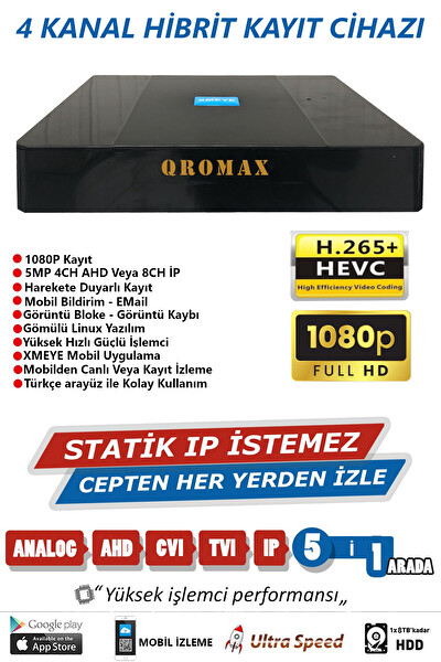 Qromax 4 Kanal DVR Kayıt Cihazı 320GB HDD 1080P 5MP H265+ Kolay Cepten İzle Sabit IP Istemez Xmeye QRDJ9004320
