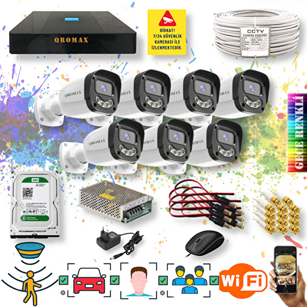 Qromax 7 Kameralı Yapay Zeka Özellikli Gece Renkli Gösteren 5MP Sony Lensli 4 Ultra Warm Ledli Kamera Seti 2304W-9008