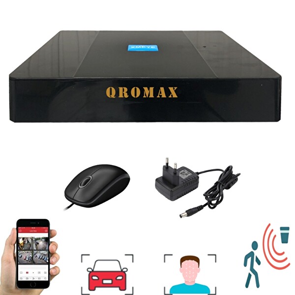 Qromax 7 Kameralı Yapay Zeka Özellikli Gece Renkli Gösteren 5MP Sony Lensli 4 Ultra Warm Ledli Kamera Seti 2304W-9008