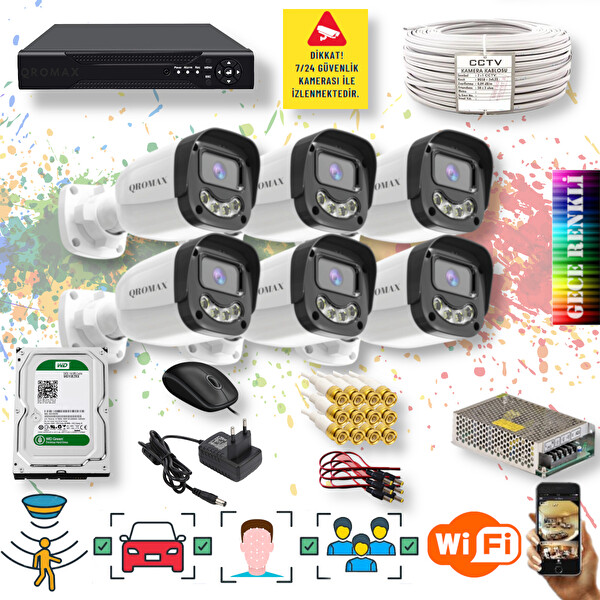 Qromax 6 Kameralı Set - Yapay Zeka Özellikli Gece Renkli Gösteren 5MP SONY Lensli 4 Ultra Warm Ledli Kamera Seti 2304W-108