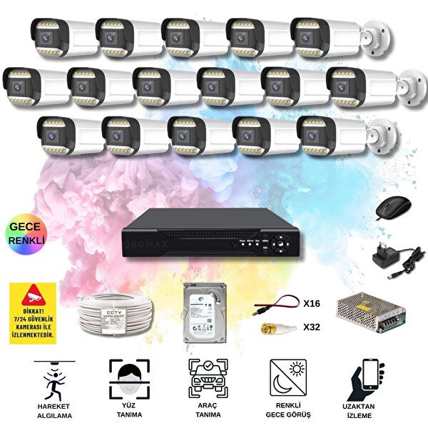 Qromax 16 Kameralı Set - Yapay Zeka Özellikli Gece Renkli SONY Lensli 12 Warm Ledli Güvenlik Kamerası Seti 312W-116