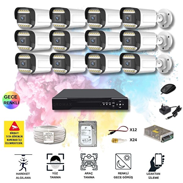 Qromax 12 Kameralı Set - Yapay Zeka Özellikli Gece Renkli SONY Lensli 12 Warm Ledli Güvenlik Kamerası Seti 312W-116