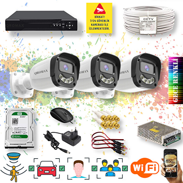 Qromax 3 Kameralı Yapay Zeka Özellikli Gece Renkli Gösteren 5MP Sony Lensli 4 Ultra Warm Ledli Kamera Seti 2304W-104