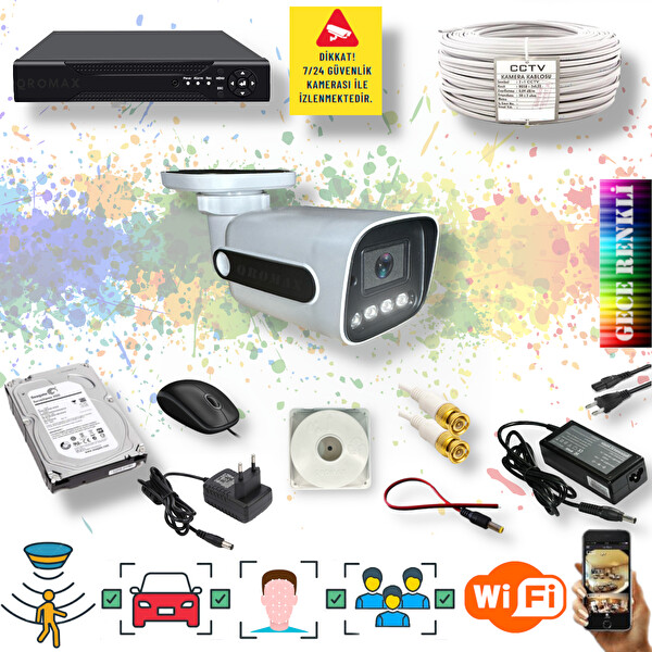 Qromax 1 Kameralı Set - Araç İnsan Yüz Hareket Algılayan Gece Renkli Gösteren 5 MP Lensli 1080P Güvenlik Kamerası Seti 784W