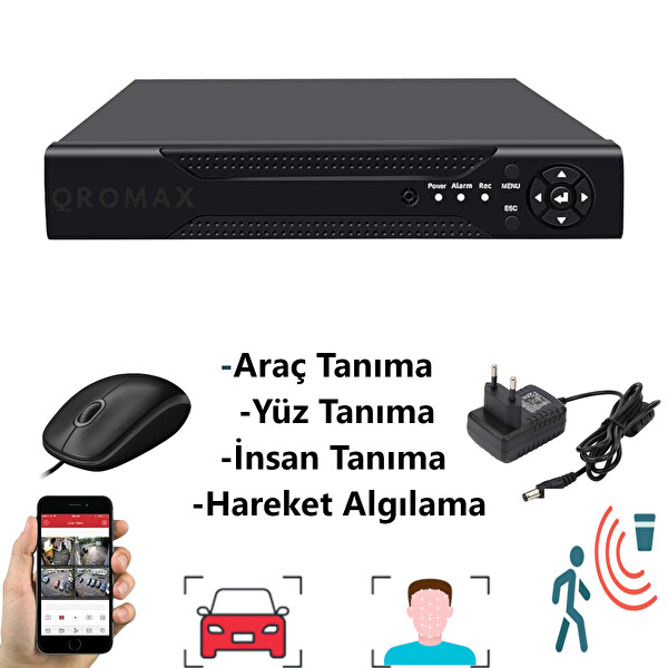 Qromax 6 Kameralı Set - Araç İnsan Yüz Hareket Algılayan Gece Renkli Gösteren 5 MP Lensli 1080P Güvenlik Kamerası Seti 784W-1