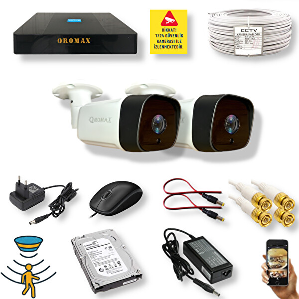 Qromax 2 Kamera Hareket Algılayan Gece Görüşlü 36 IR Led 5MP Sony Lensli 1080P FHD Metal Kasa Güvenlik Kamerası Seti 5236-9004-02