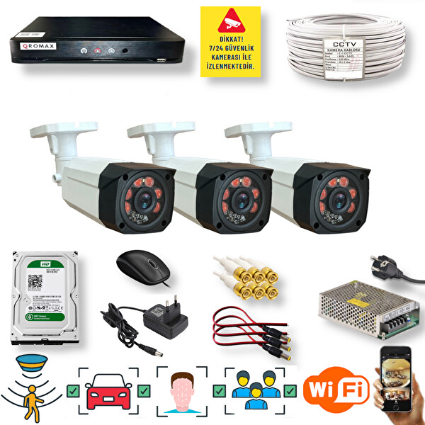 3 Kamera Araç İnsan Yüz Tanımalı Hareket Algılayan 1080P Gece Görüşlü 5MP Sony Lens Güvenlik Kamerası Seti 7808-114-03