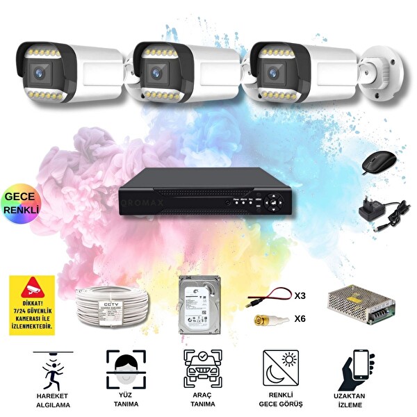 Qromax 3 Kameralı Set - Yapay Zeka Özellikli Gece Renkli SONY Lensli 12 Warm Ledli Güvenlik Kamerası Seti 312W-104