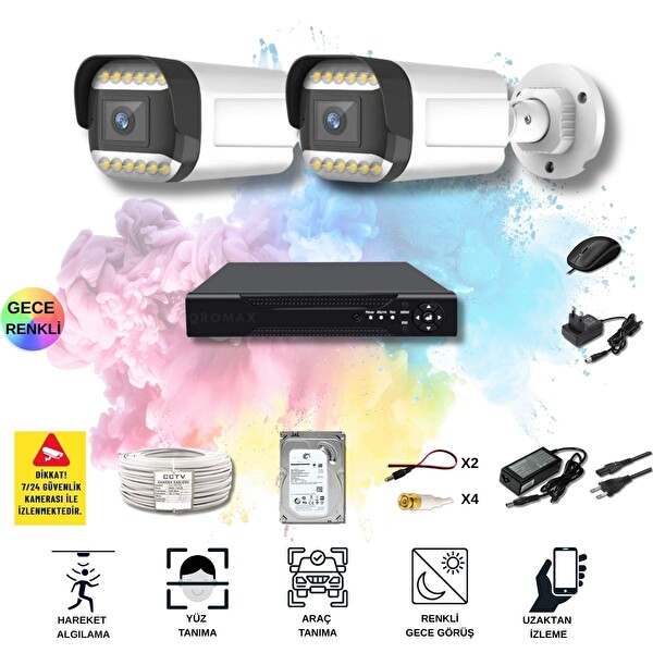 Qromax 2 Kameralı Set - Yapay Zeka Özellikli Gece Renkli SONY Lensli 12 Warm Ledli Güvenlik Kamerası Seti 312W-104