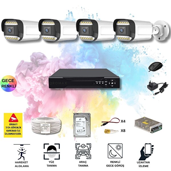 Qromax 4 Kameralı Set - Yapay Zeka Özellikli Gece Renkli SONY Lensli 12 Warm Ledli Güvenlik Kamerası Seti 312W-104