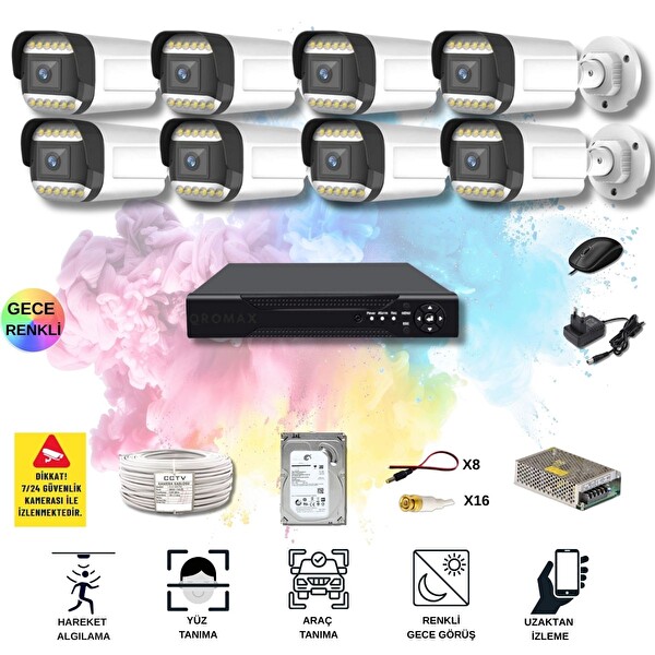 Qromax 8 Kameralı Set - Yapay Zeka Özellikli Gece Renkli SONY Lensli 12 Warm Ledli Güvenlik Kamerası Seti 312W-108