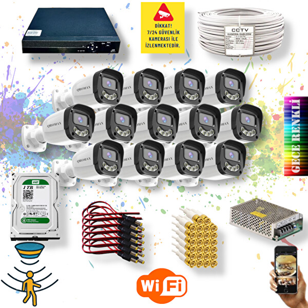 Qromax 13 Kameralı Gece Renkli Gösteren Hareket Algılayan 5MP Sony Lensli 4 Ultra Warm Ledli Kamera Seti 2304W-9016