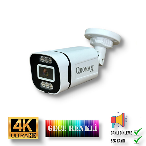 Qromax 12 Kameralı IP Set Yapay Zeka Özellikli Gece Renkli Gösteren Sesli 6 Warm Ledli 4K FHD IP Güvenlik Kamerası Seti 4386WS