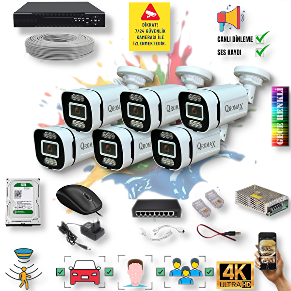 Qromax 6 Kameralı IP Set - Yapay Zeka Özellikli Gece Renkli Gösteren Sesli 6 Warm Ledli 4K FHD IP Güvenlik Kamerası Seti 4386WS