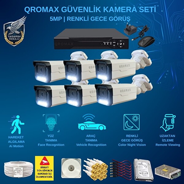 Qromax 6 Kamera Yapay Zeka Özellikli Gece Renkli Gösteren 5 MP SONY Lensli 8 Warm Ledli FHD Güvenlik Kamerası Seti 908W-9008M-6