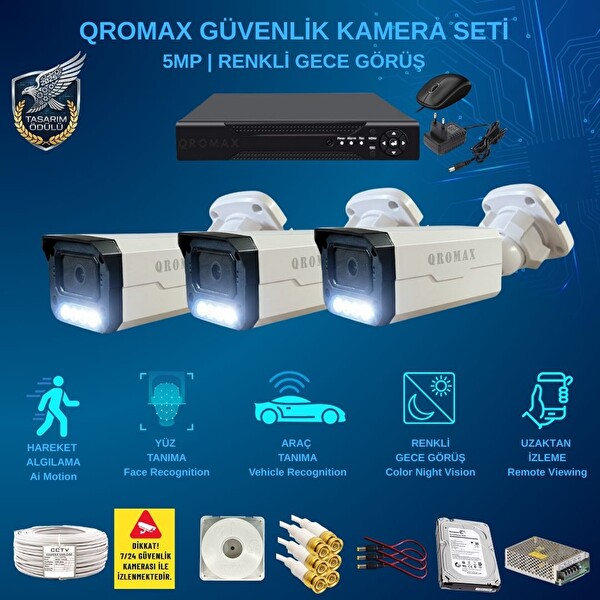 Qromax 3 Kamera Yapay Zeka Özellikli Gece Renkli Gösteren 5 MP SONY Lensli 8 Warm Ledli FHD Güvenlik Kamerası Seti 908W-114-3