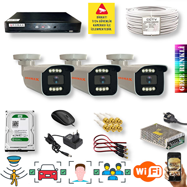 Qromax 3 Kamera Yapay Zeka Özellikli Gece Renkli Gösteren 5 MP SONY Lensli 8 Warm Ledli FHD Güvenlik Kamerası Seti 908W-114-3