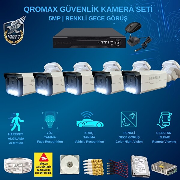Qromax 5 Kamera Yapay Zeka Özellikli Gece Renkli Gösteren 5 MP SONY Lensli 8 Warm Ledli FHD Güvenlik Kamerası Seti 908W-9008M-5