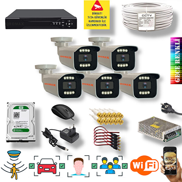 Qromax 5 Kamera Yapay Zeka Özellikli Gece Renkli Gösteren 5 MP SONY Lensli 8 Warm Ledli FHD Güvenlik Kamerası Seti 908W-9008M-5