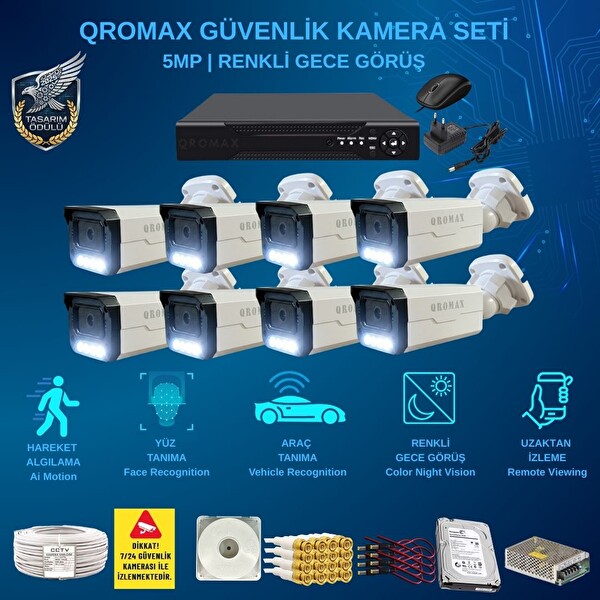 Qromax 8 Kamera Yapay Zeka Özellikli Gece Renkli Gösteren 5 MP SONY Lensli 8 Warm Ledli FHD Güvenlik Kamerası Seti 908W-9008M-8